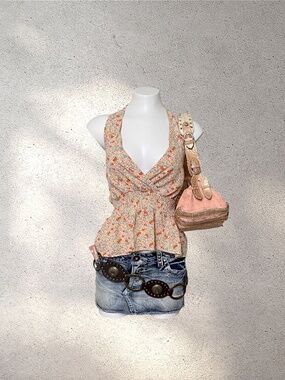 Monteau LA Floral Halter Top | Y2K Smocked Peplum Cami